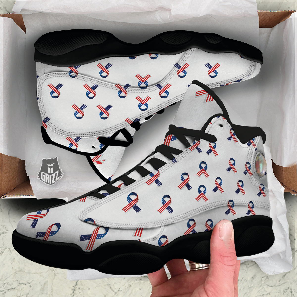 Ribbon American Flag Print Pattern Black Basketball Shoes-grizzshop