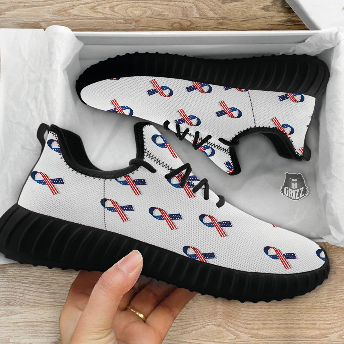 Ribbon American Flag Print Pattern Black Walking Shoes-grizzshop