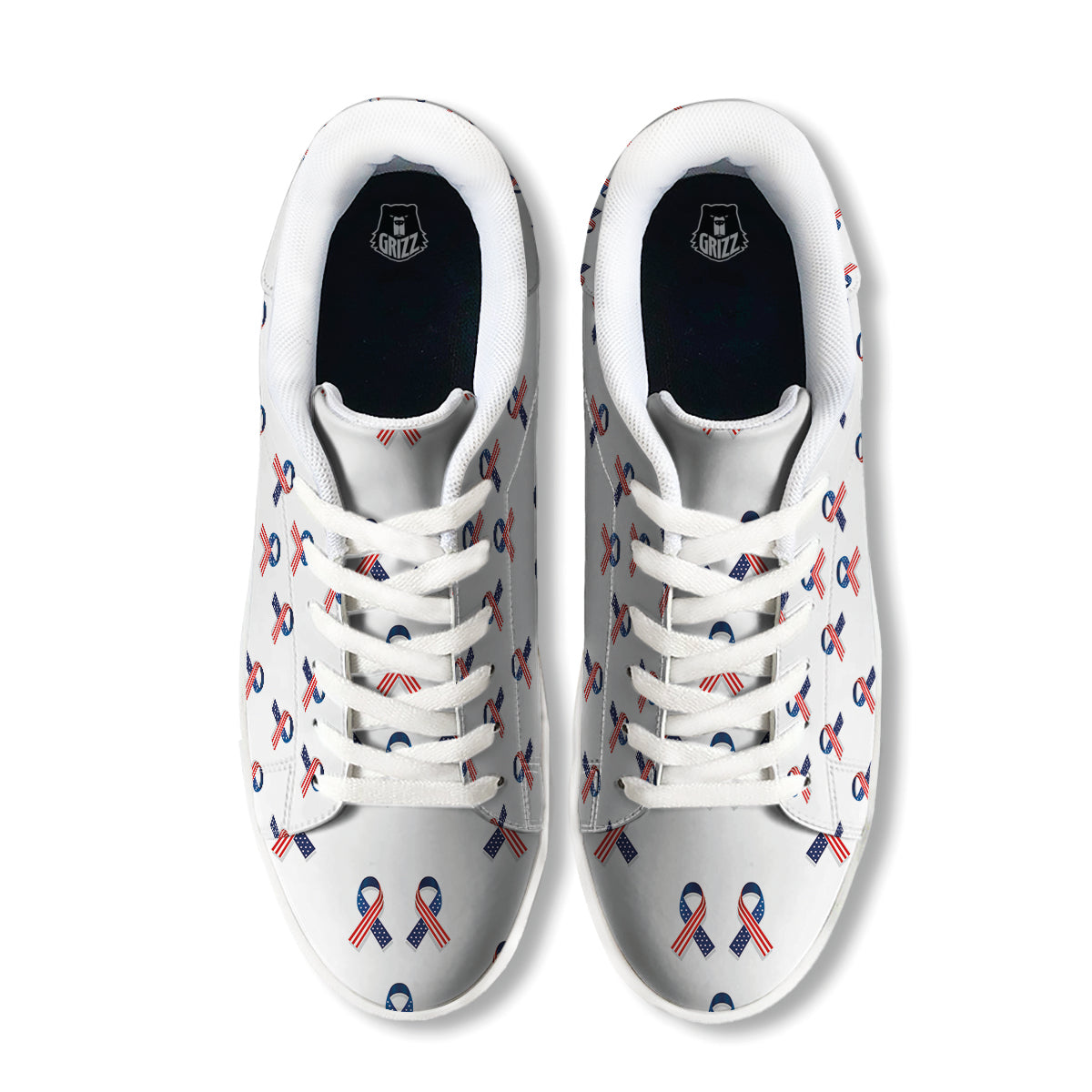 Ribbon American Flag Print Pattern White Low Top Sneakers-grizzshop