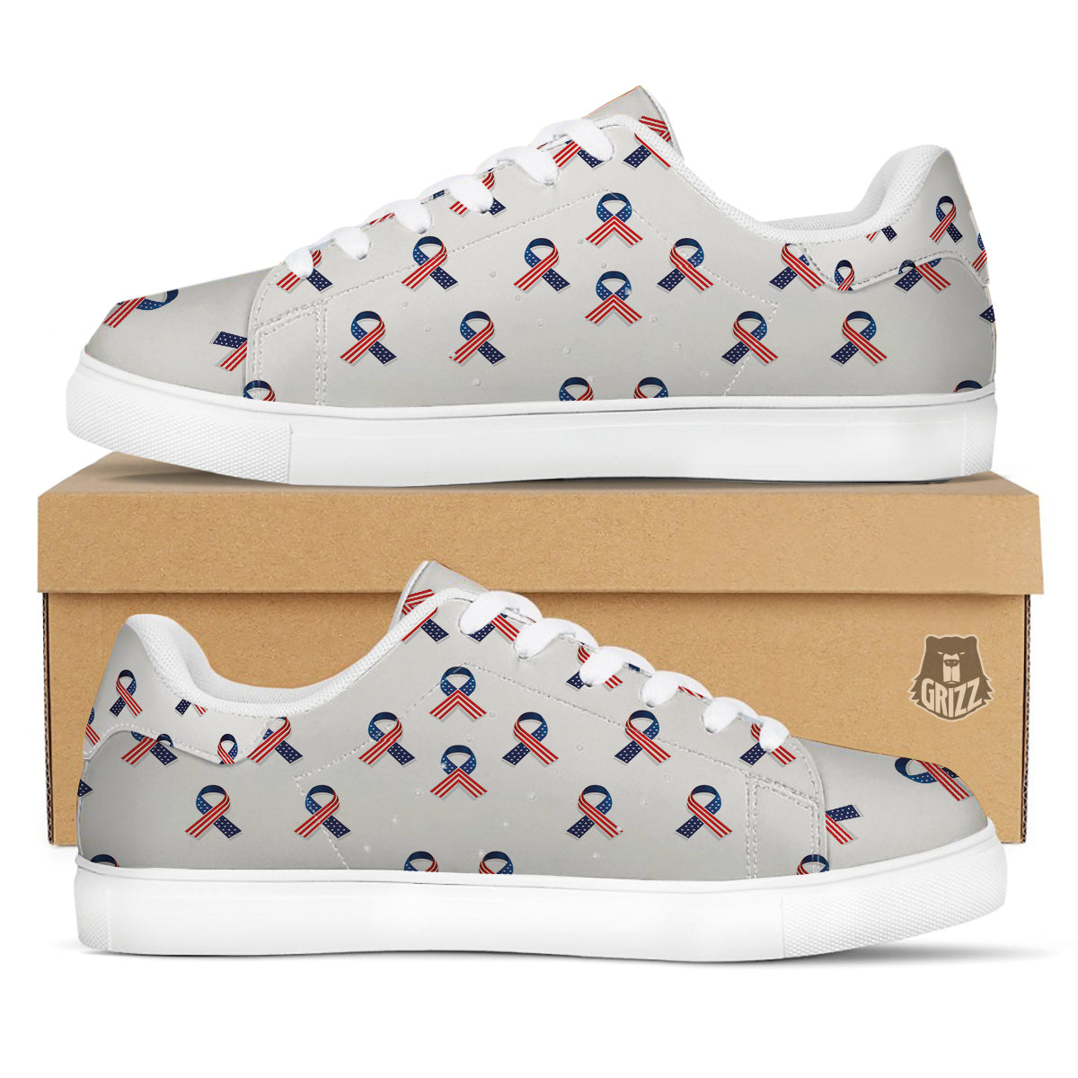 Ribbon American Flag Print Pattern White Low Top Sneakers-grizzshop