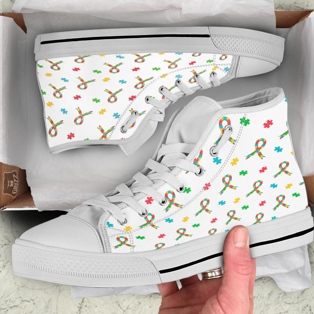 Ribbon Autism Awareness Print Pattern White High Top Shoes-grizzshop