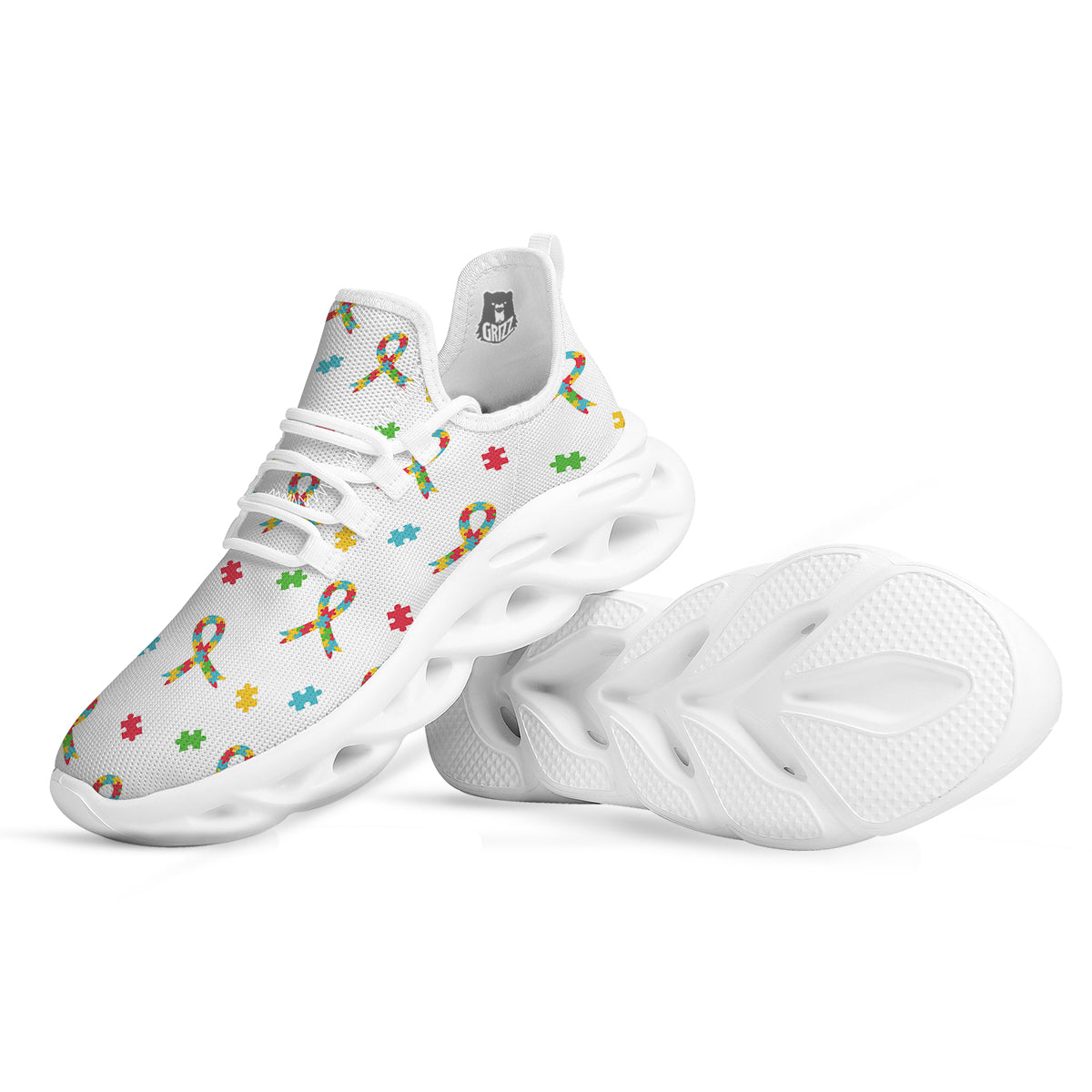 Ribbon Autism Awareness Print Pattern White Running Shoes-grizzshop