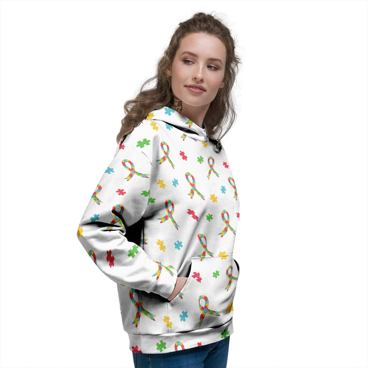 Ribbon Autism Awareness Print Pattern Women's Hoodie-grizzshop