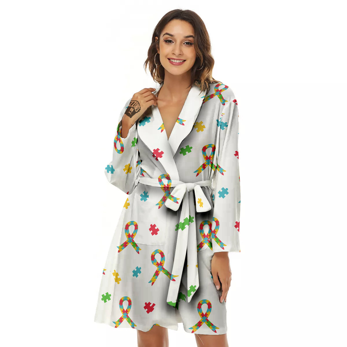Ribbon Autism Awareness Print Pattern Women's Robe-grizzshop