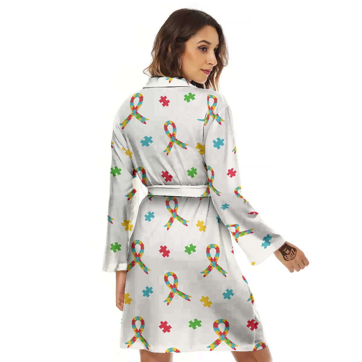 Ribbon Autism Awareness Print Pattern Women's Robe-grizzshop