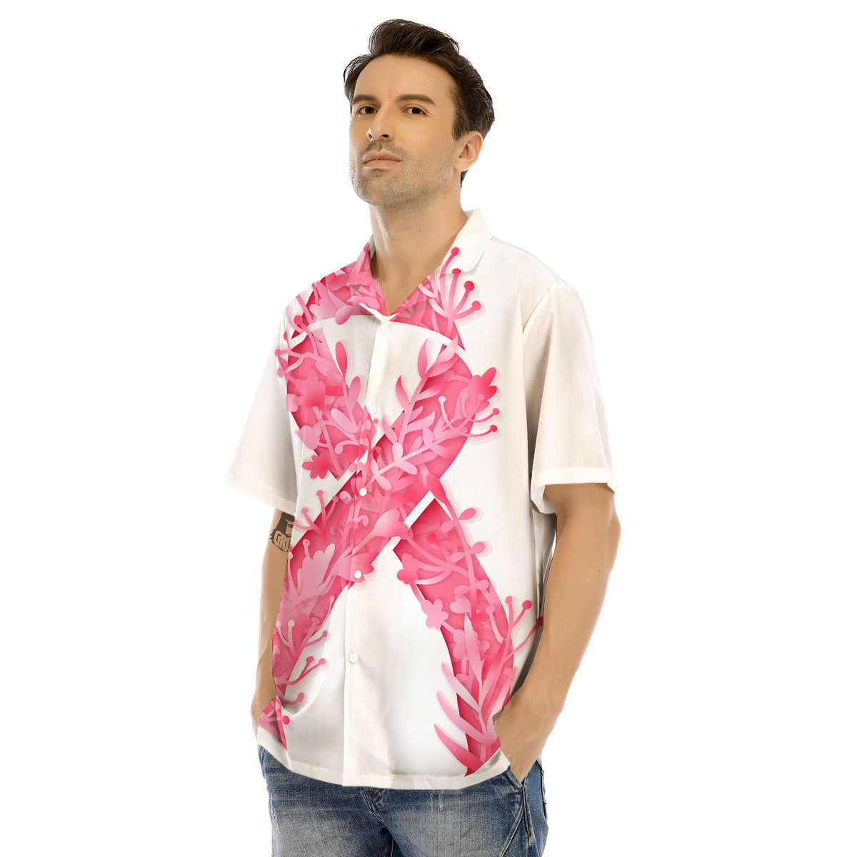Ribbon Flower Pink Breast Cancer Print Men's Hawaiian Shirt-grizzshop