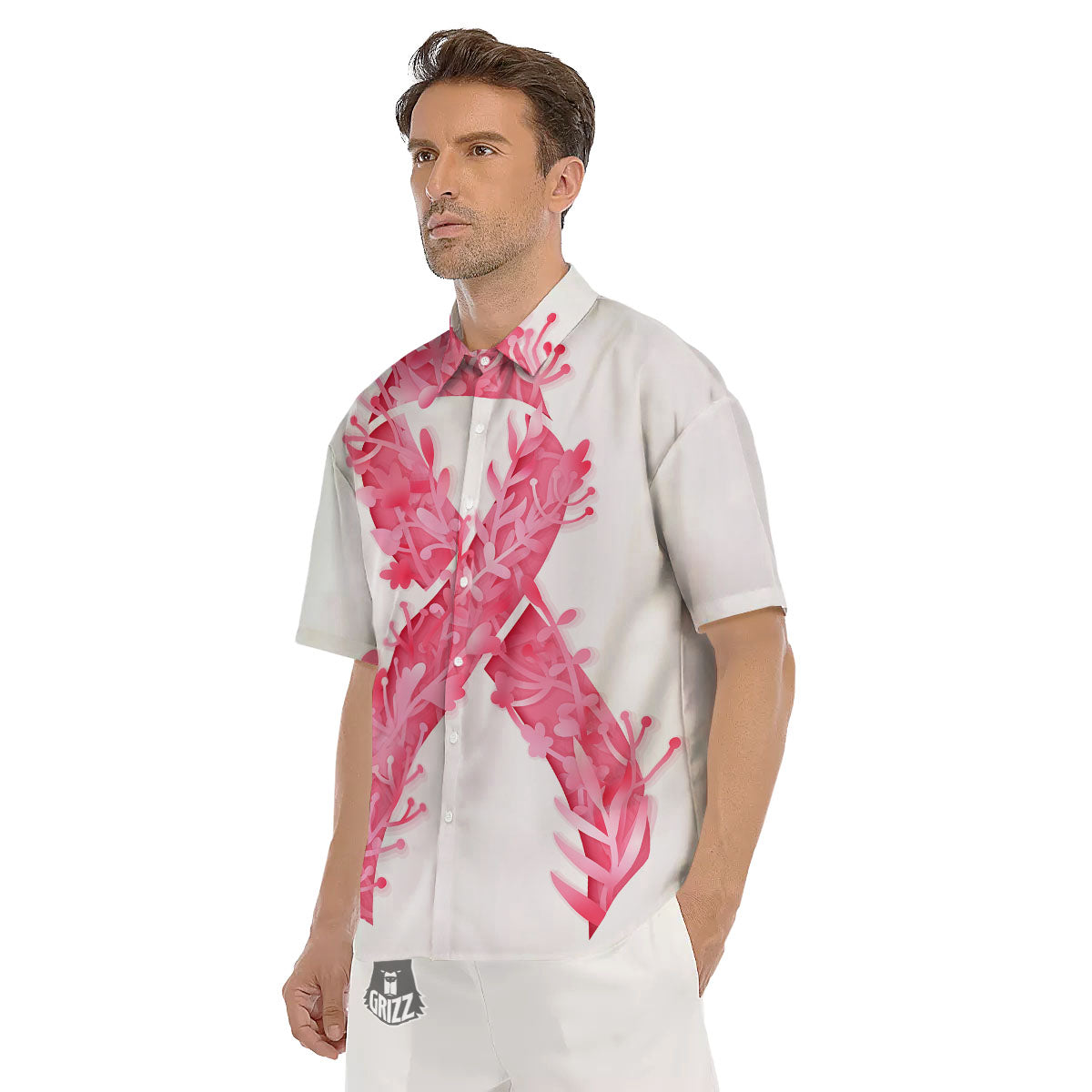 Ribbon Flower Pink Breast Cancer Print Men's Short Sleeve Shirts-grizzshop