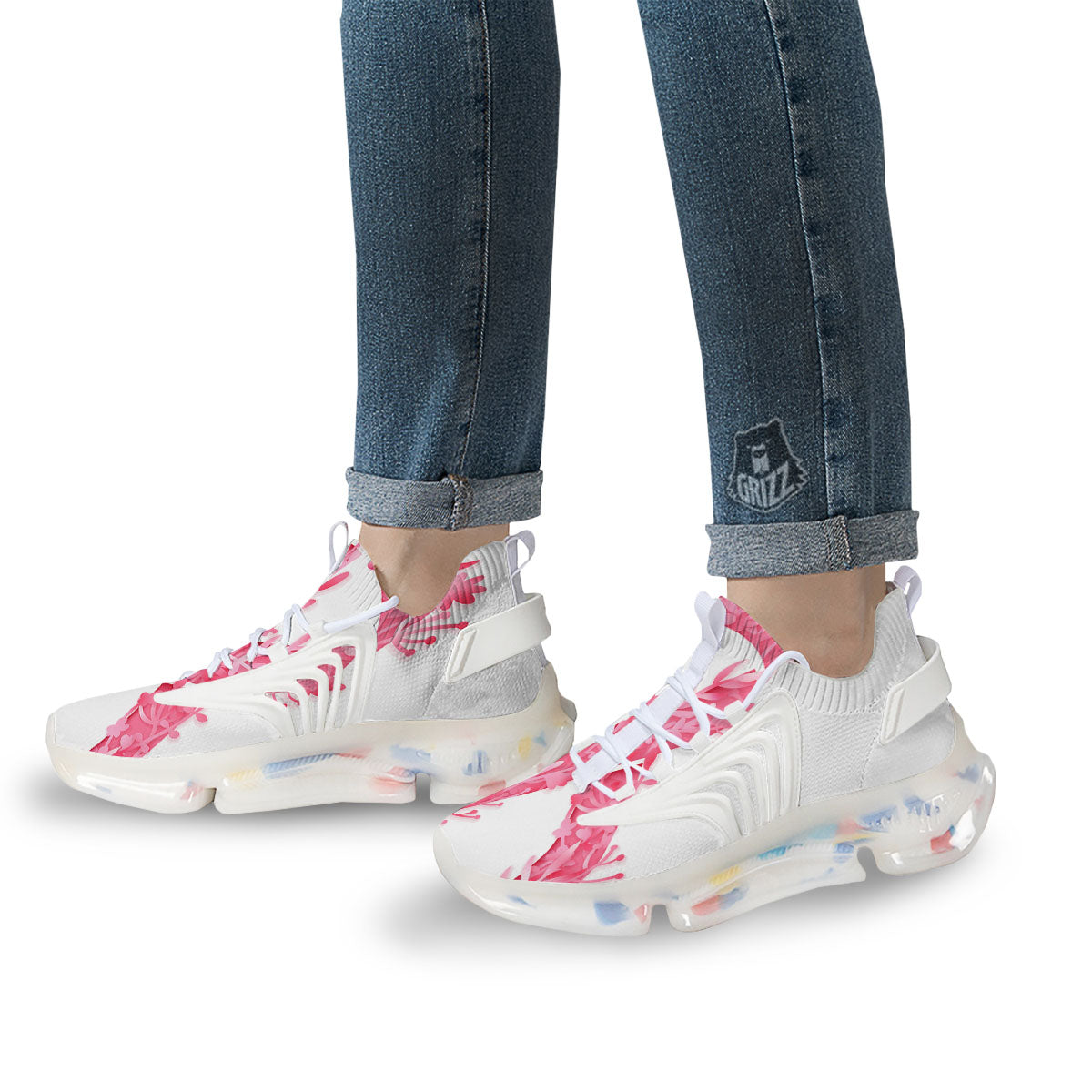 Ribbon Flower Pink Breast Cancer Print White Gym Shoes-grizzshop