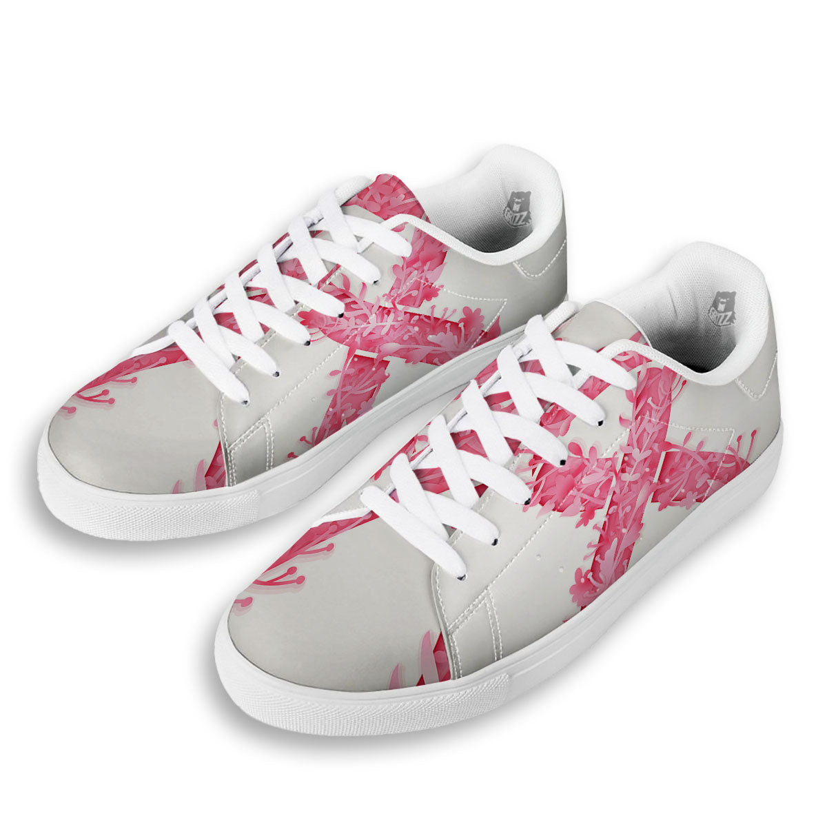 Ribbon Flower Pink Breast Cancer Print White Low Top Sneakers-grizzshop
