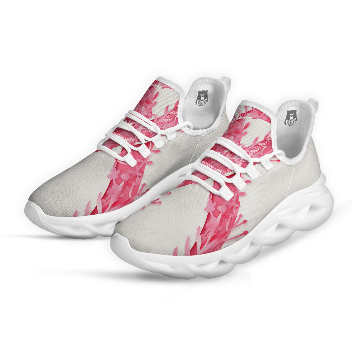 Ribbon Flower Pink Breast Cancer Print White Running Shoes-grizzshop