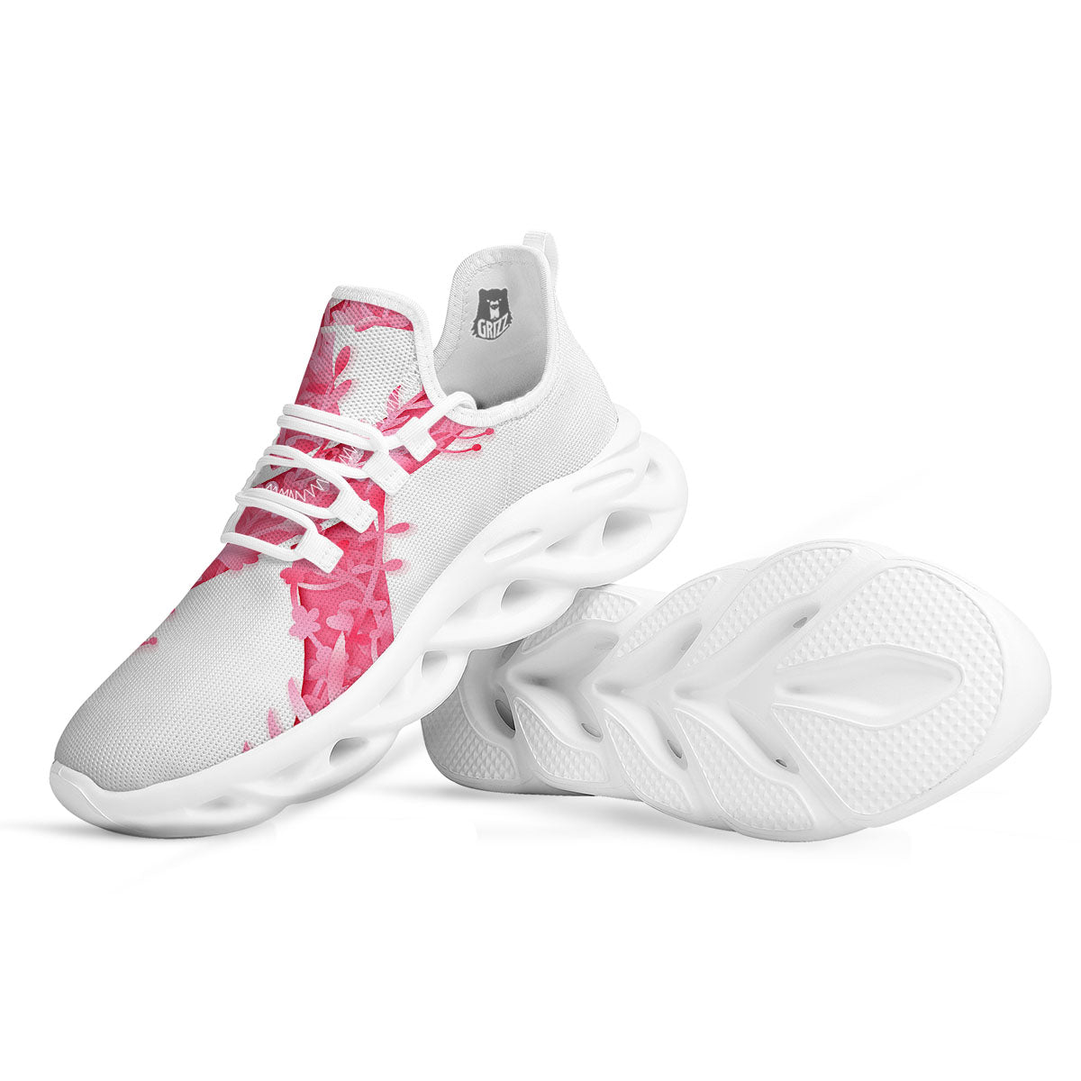 Ribbon Flower Pink Breast Cancer Print White Running Shoes-grizzshop