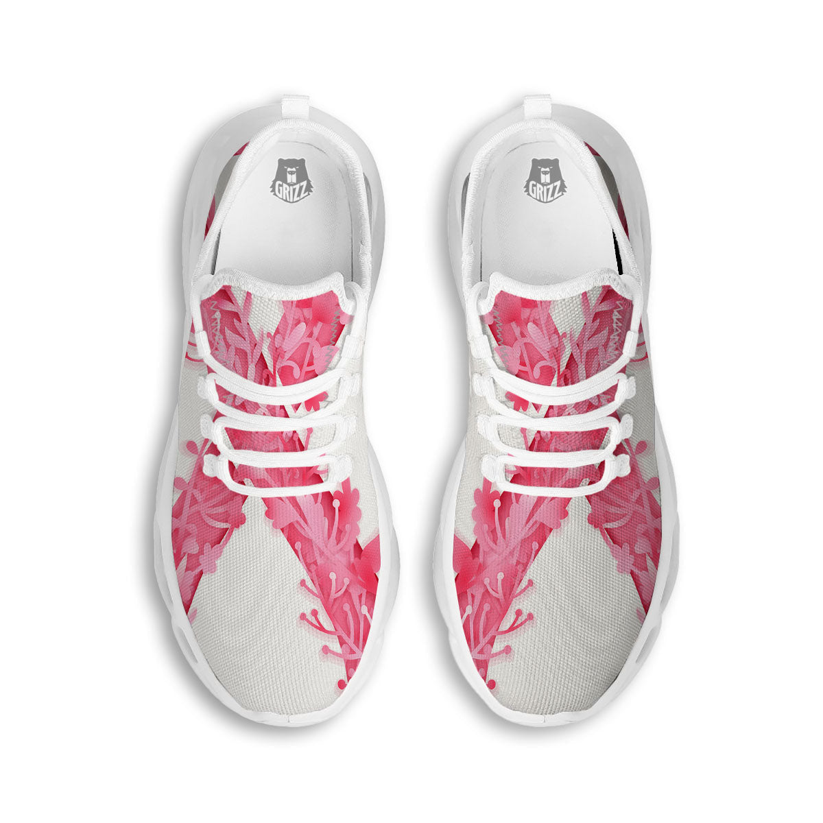 Ribbon Flower Pink Breast Cancer Print White Running Shoes-grizzshop