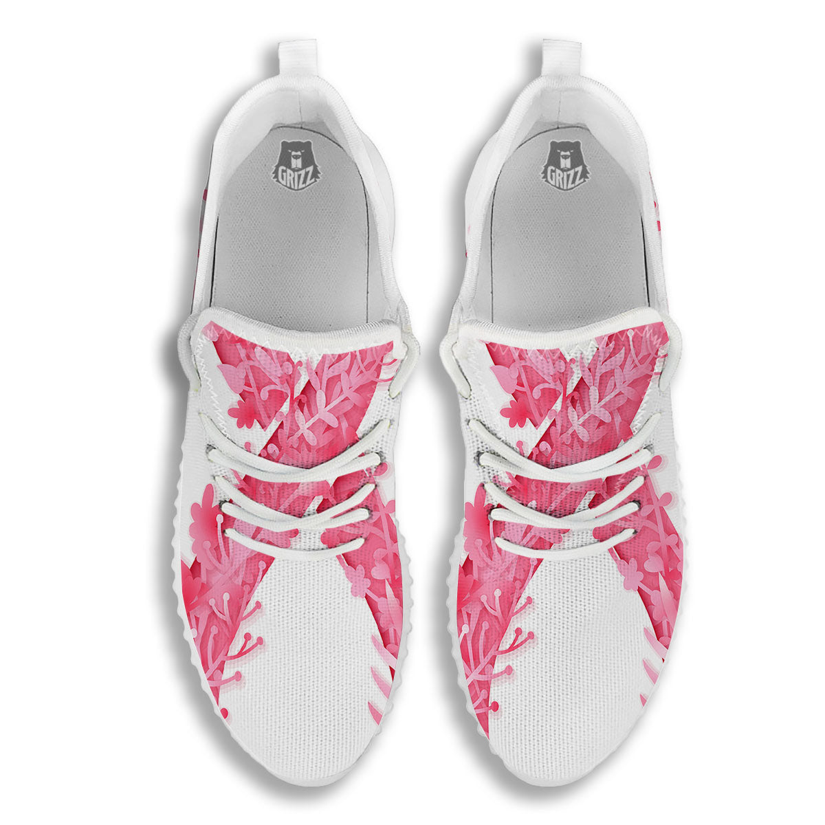 Ribbon Flower Pink Breast Cancer Print White Walking Shoes-grizzshop