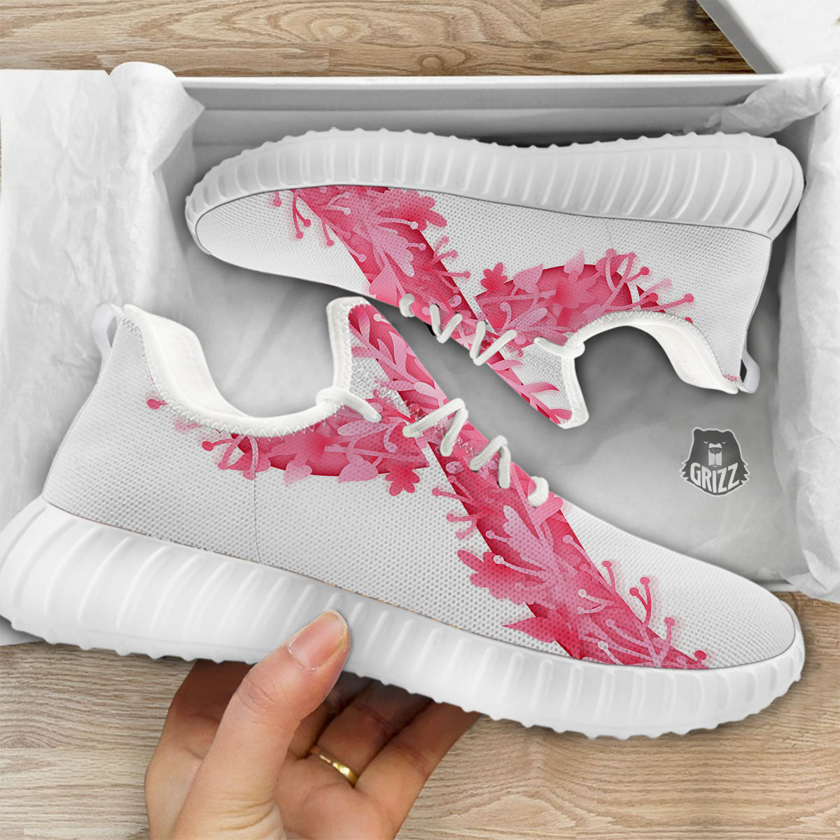 Ribbon Flower Pink Breast Cancer Print White Walking Shoes-grizzshop