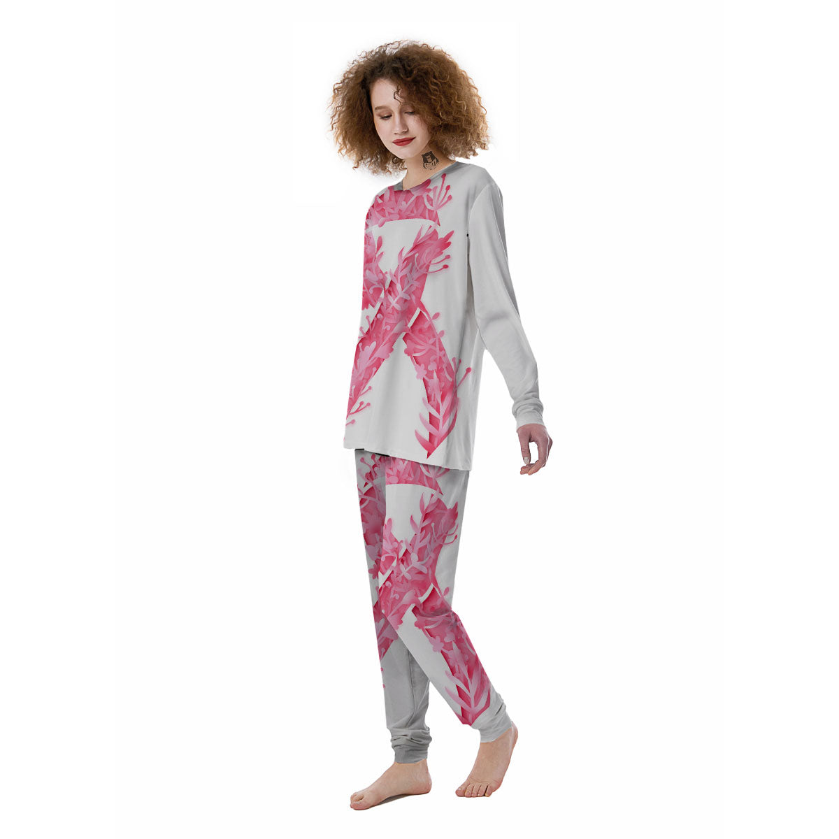 Ribbon Flower Pink Breast Cancer Print Women's Pajamas-grizzshop