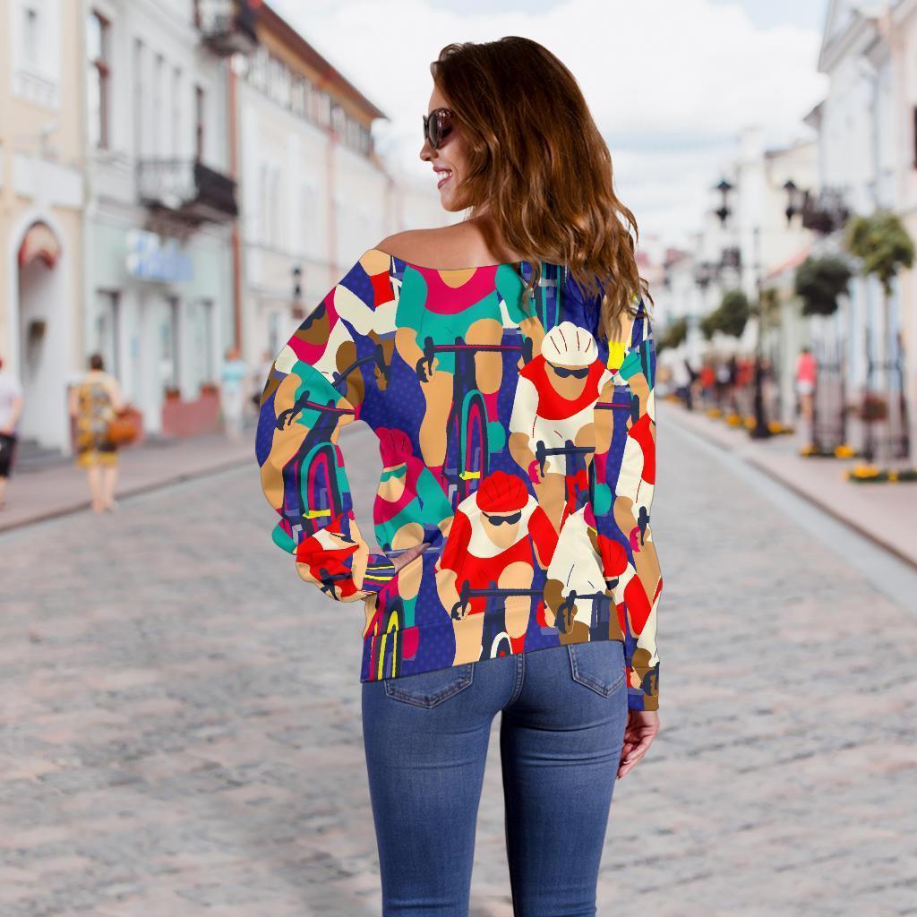 Ride Bicycle Pattern Print Women Off Shoulder Sweatshirt-grizzshop