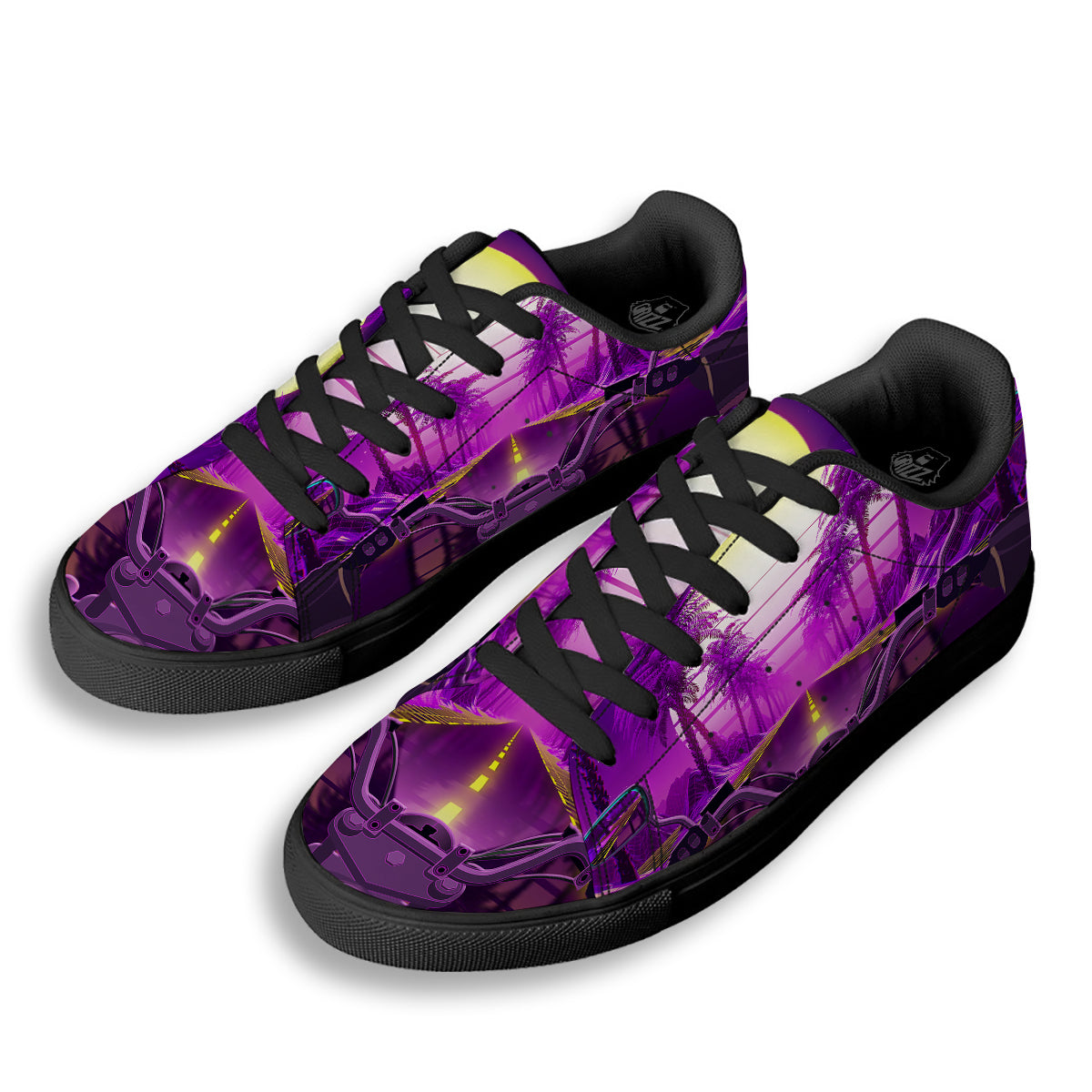 Riding Motorcycle Retro Purple Print Black Low Top Sneakers-grizzshop