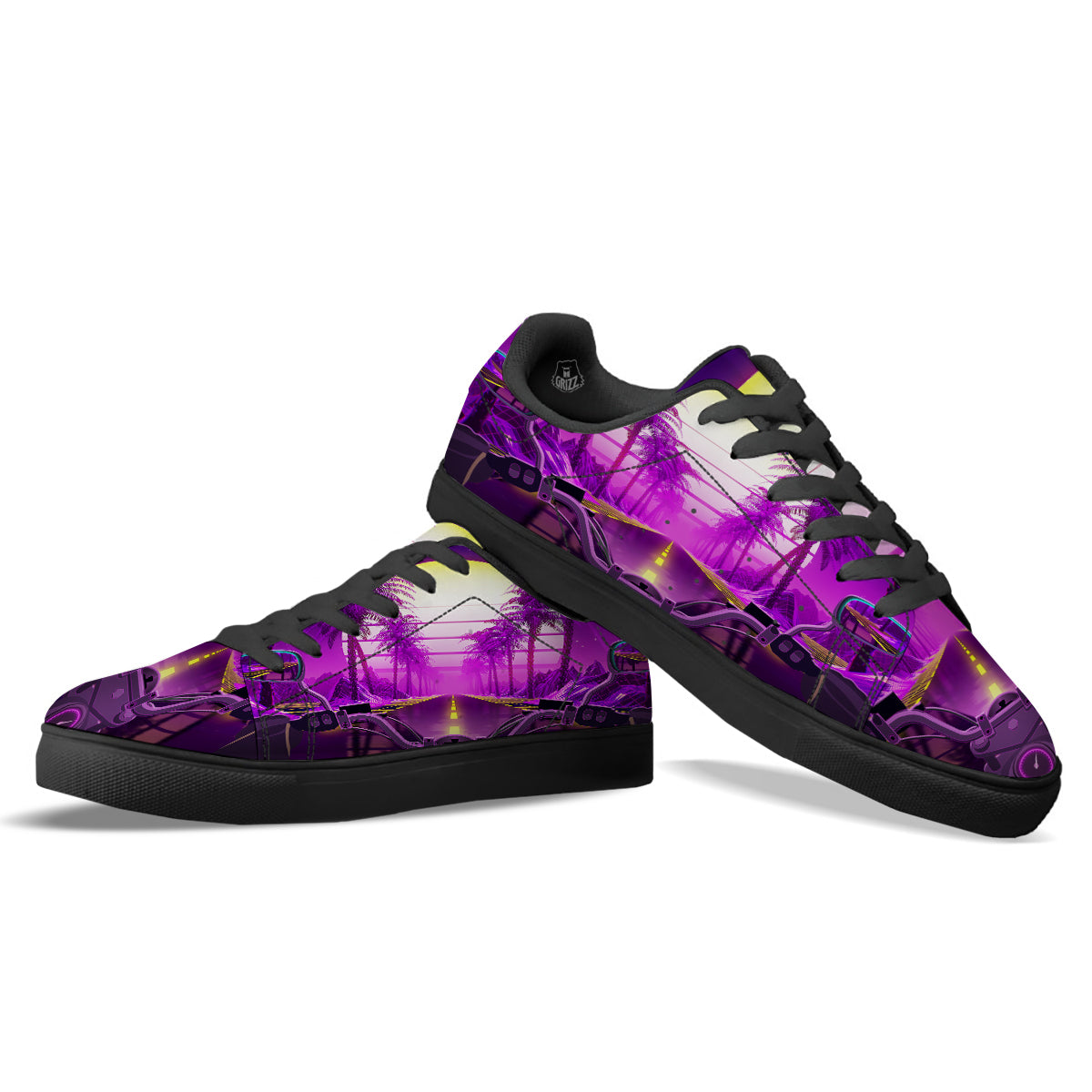 Riding Motorcycle Retro Purple Print Black Low Top Sneakers-grizzshop