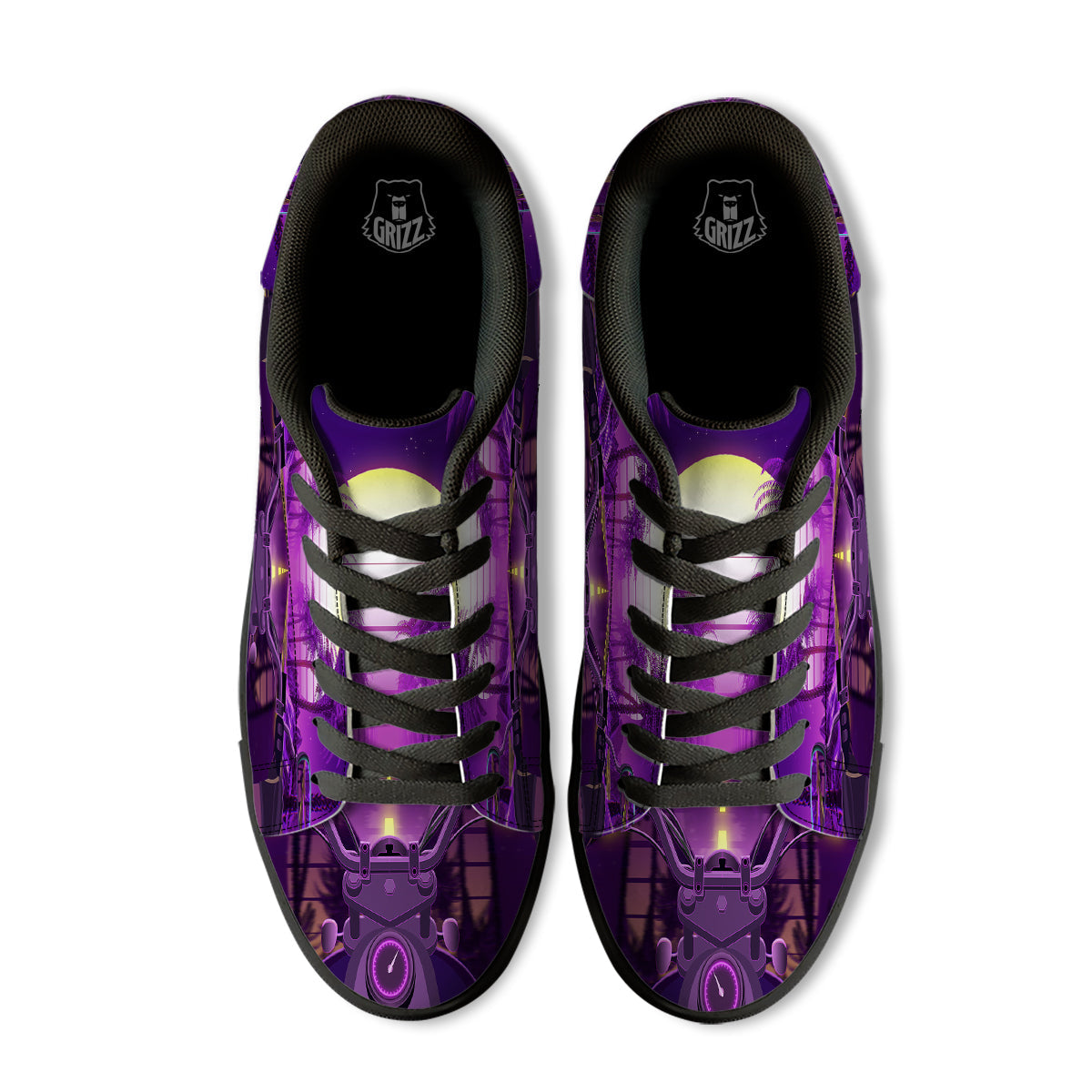 Riding Motorcycle Retro Purple Print Black Low Top Sneakers-grizzshop
