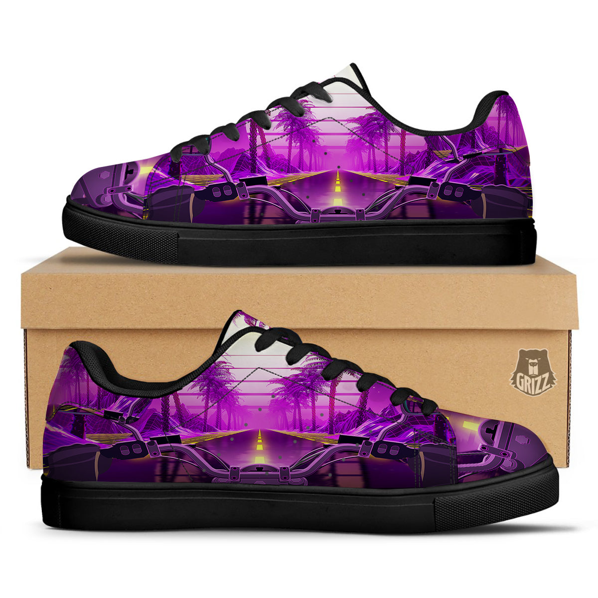 Riding Motorcycle Retro Purple Print Black Low Top Sneakers-grizzshop
