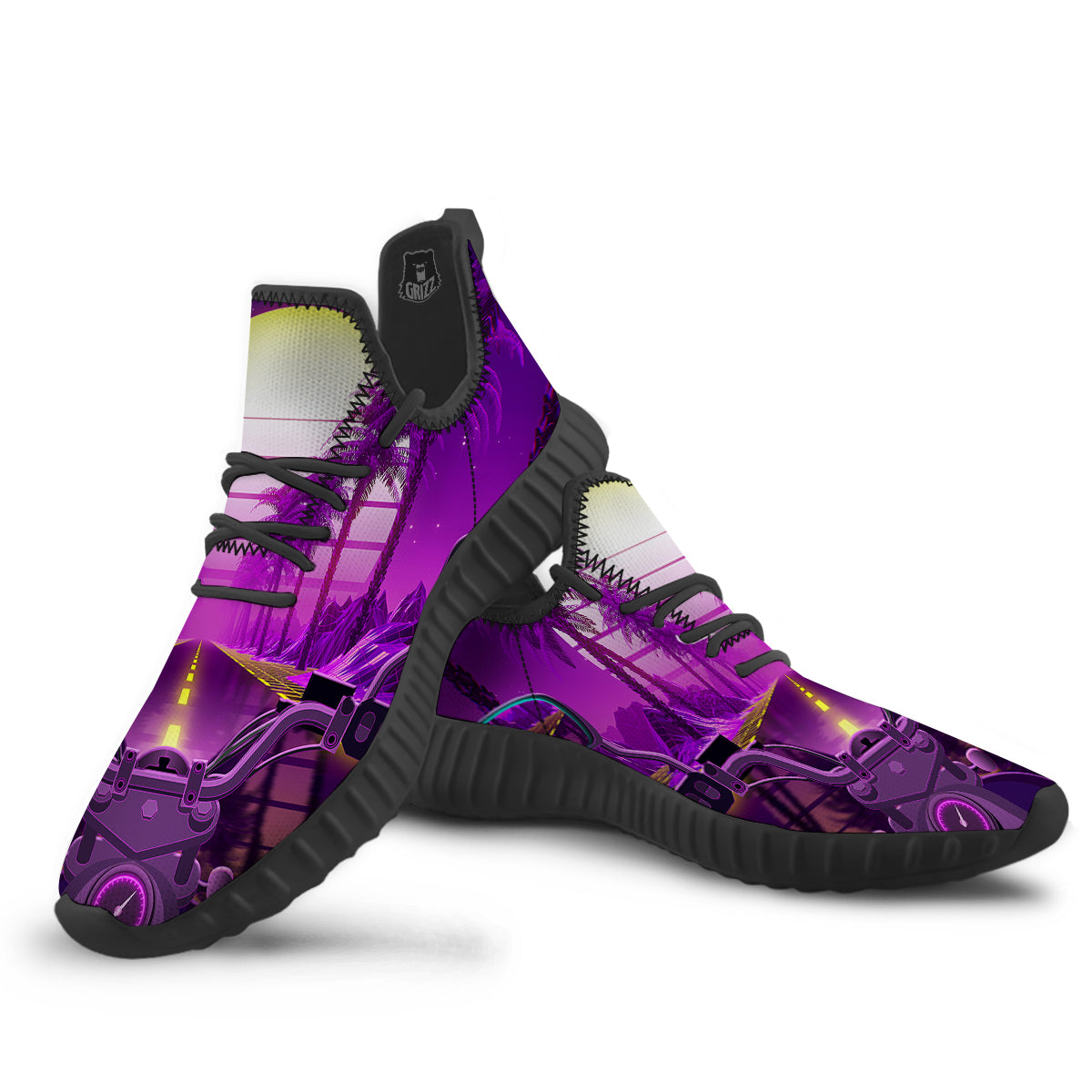 Riding Motorcycle Retro Purple Print Black Walking Shoes-grizzshop