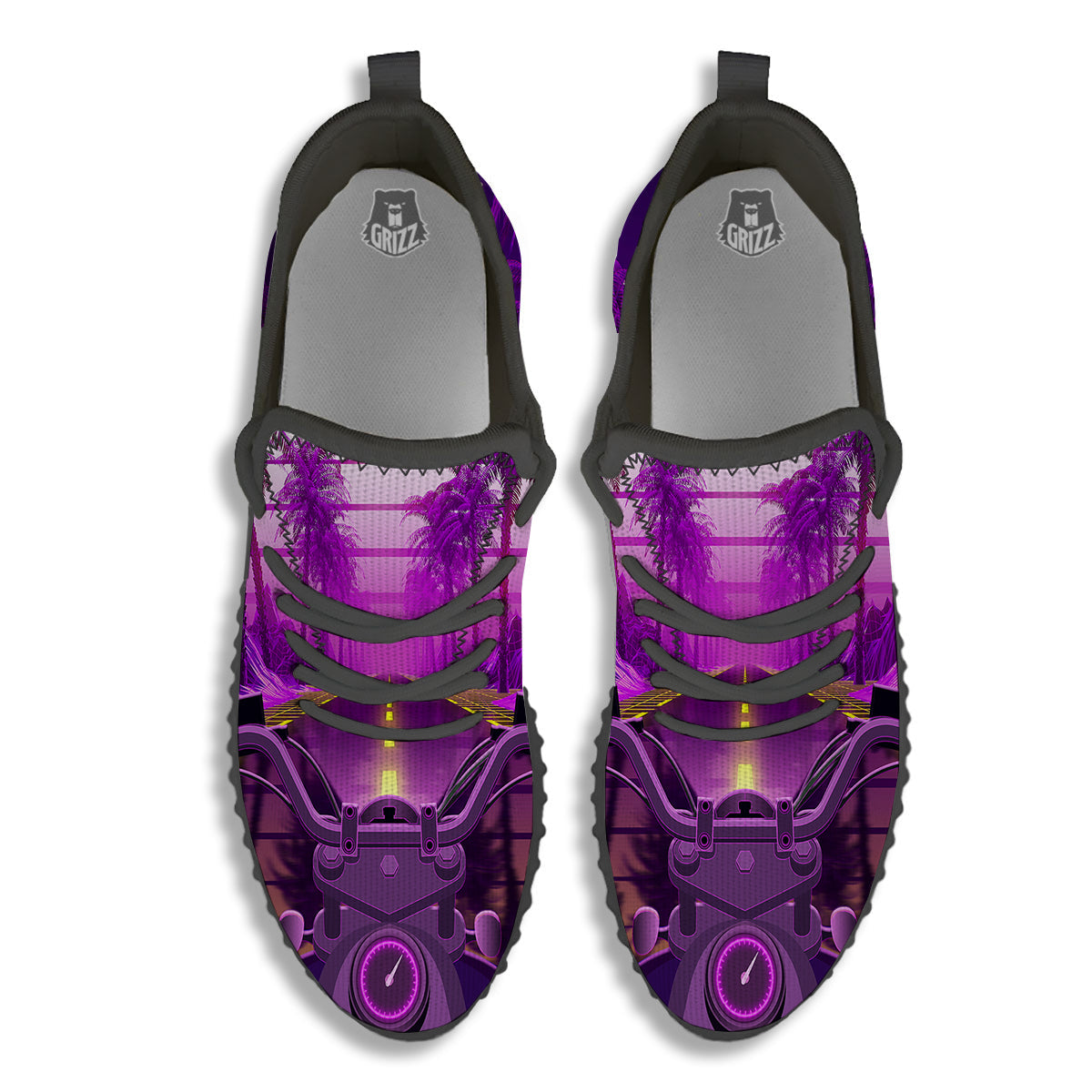 Riding Motorcycle Retro Purple Print Black Walking Shoes-grizzshop