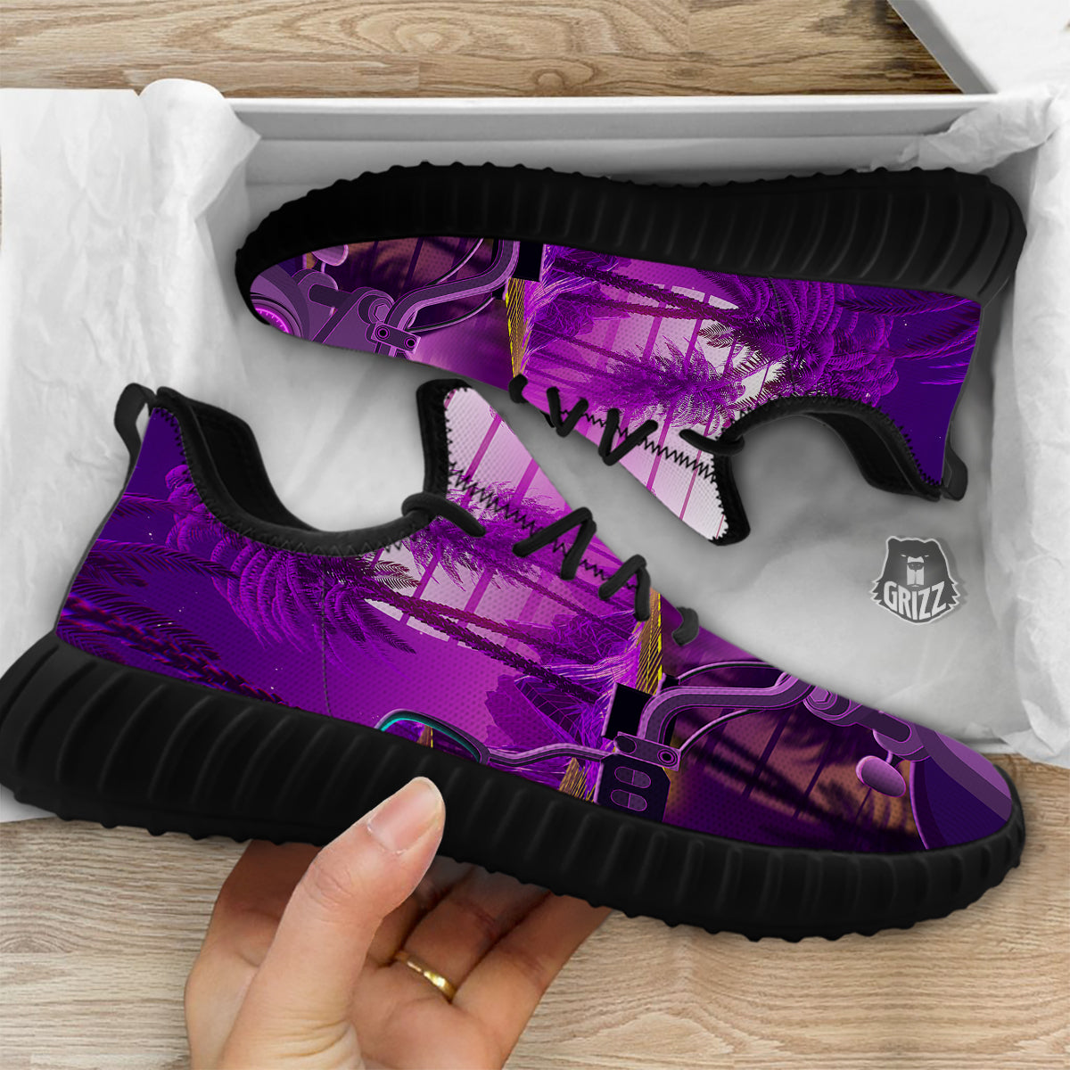 Riding Motorcycle Retro Purple Print Black Walking Shoes-grizzshop