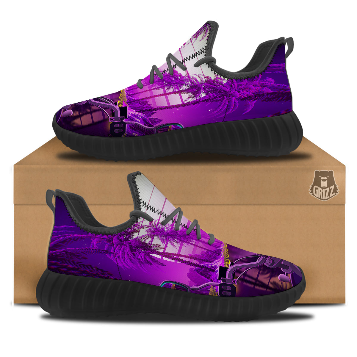 Riding Motorcycle Retro Purple Print Black Walking Shoes-grizzshop