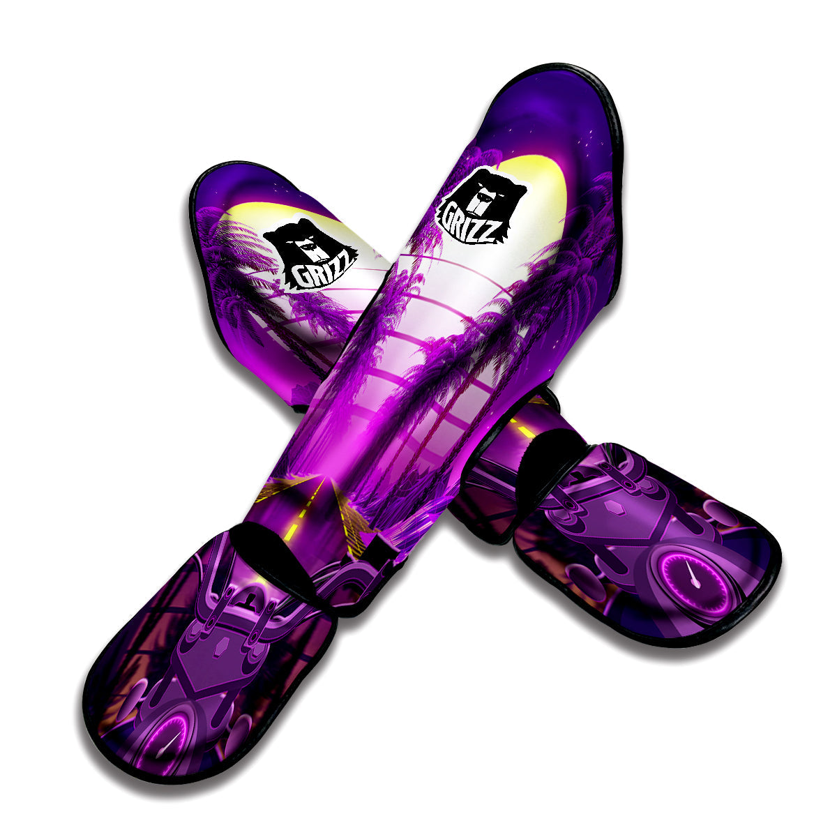 Riding Motorcycle Retro Purple Print Muay Thai Shin Guards-grizzshop