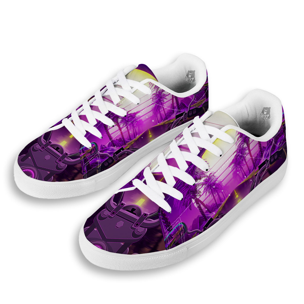 Riding Motorcycle Retro Purple Print White Low Top Sneakers-grizzshop