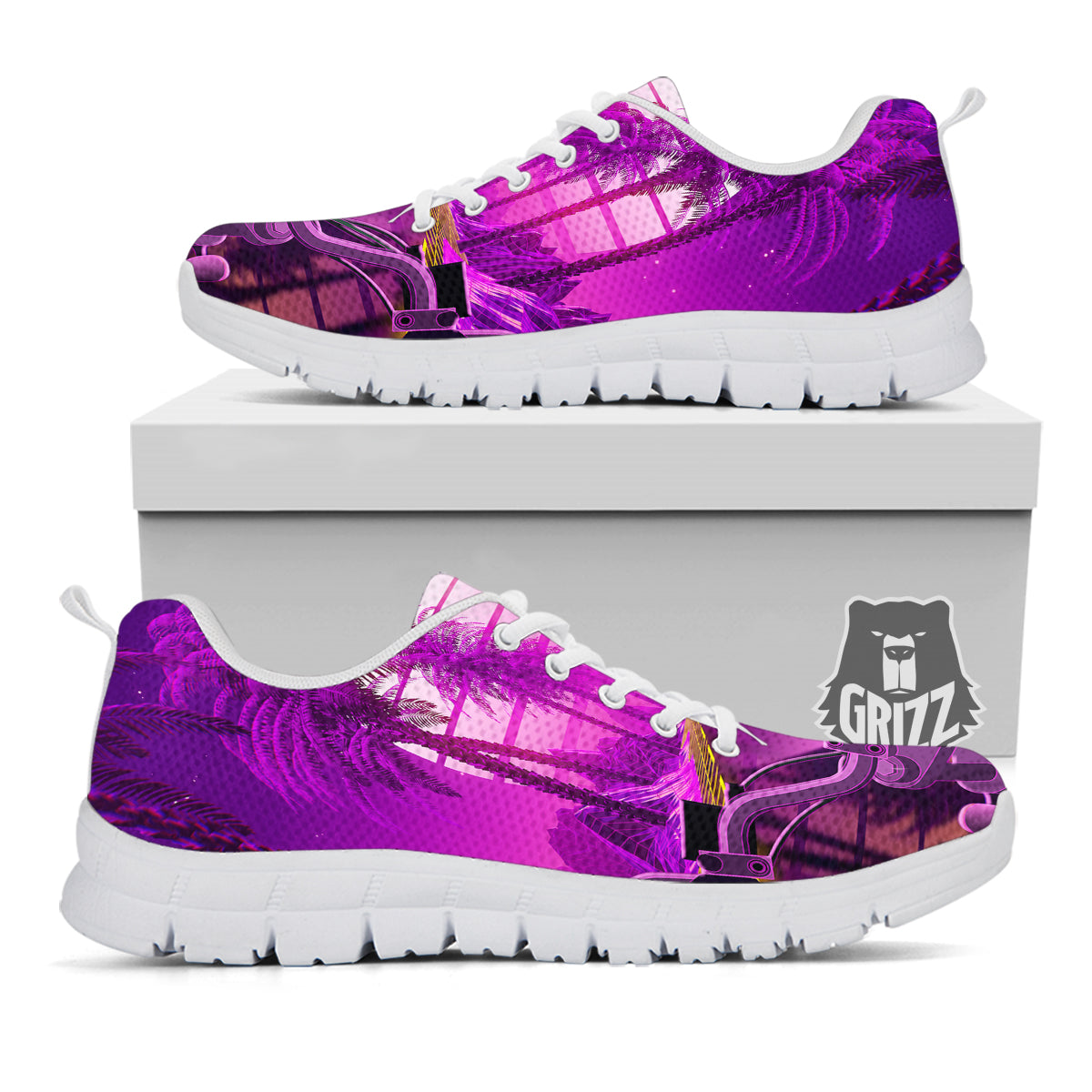 Riding Motorcycle Retro Purple Print White Sneaker-grizzshop