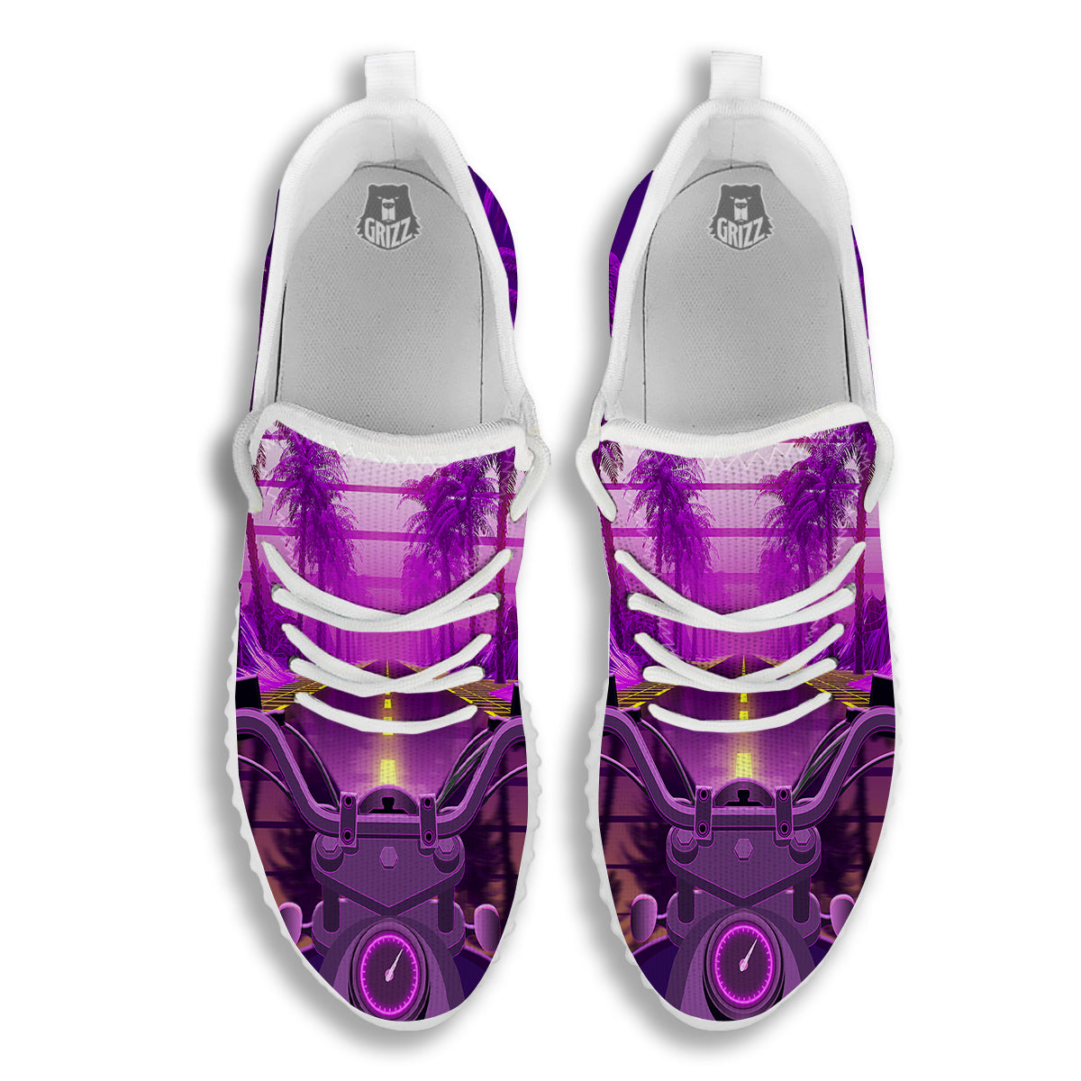 Riding Motorcycle Retro Purple Print White Walking Shoes-grizzshop