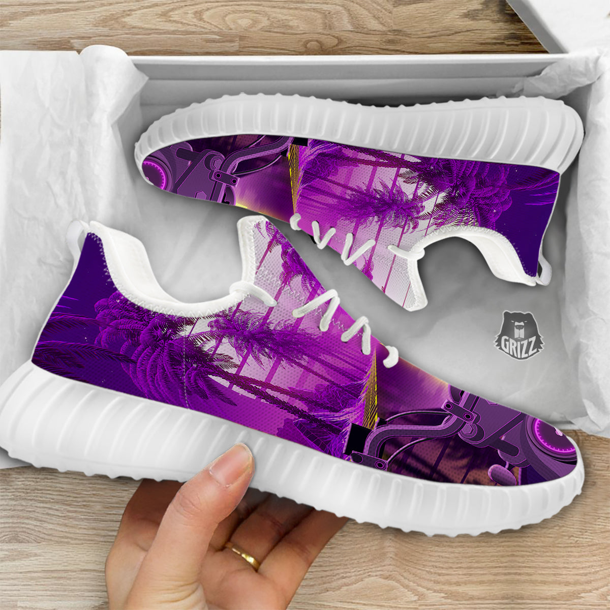Riding Motorcycle Retro Purple Print White Walking Shoes-grizzshop