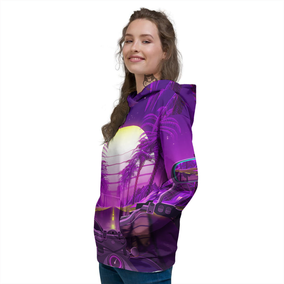 Riding Motorcycle Retro Purple Print Women's Hoodie-grizzshop