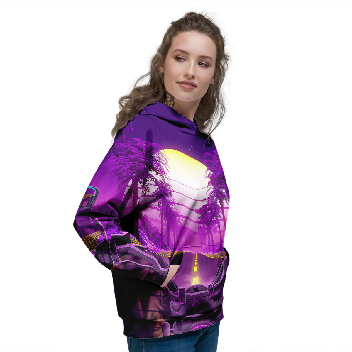 Riding Motorcycle Retro Purple Print Women's Hoodie-grizzshop