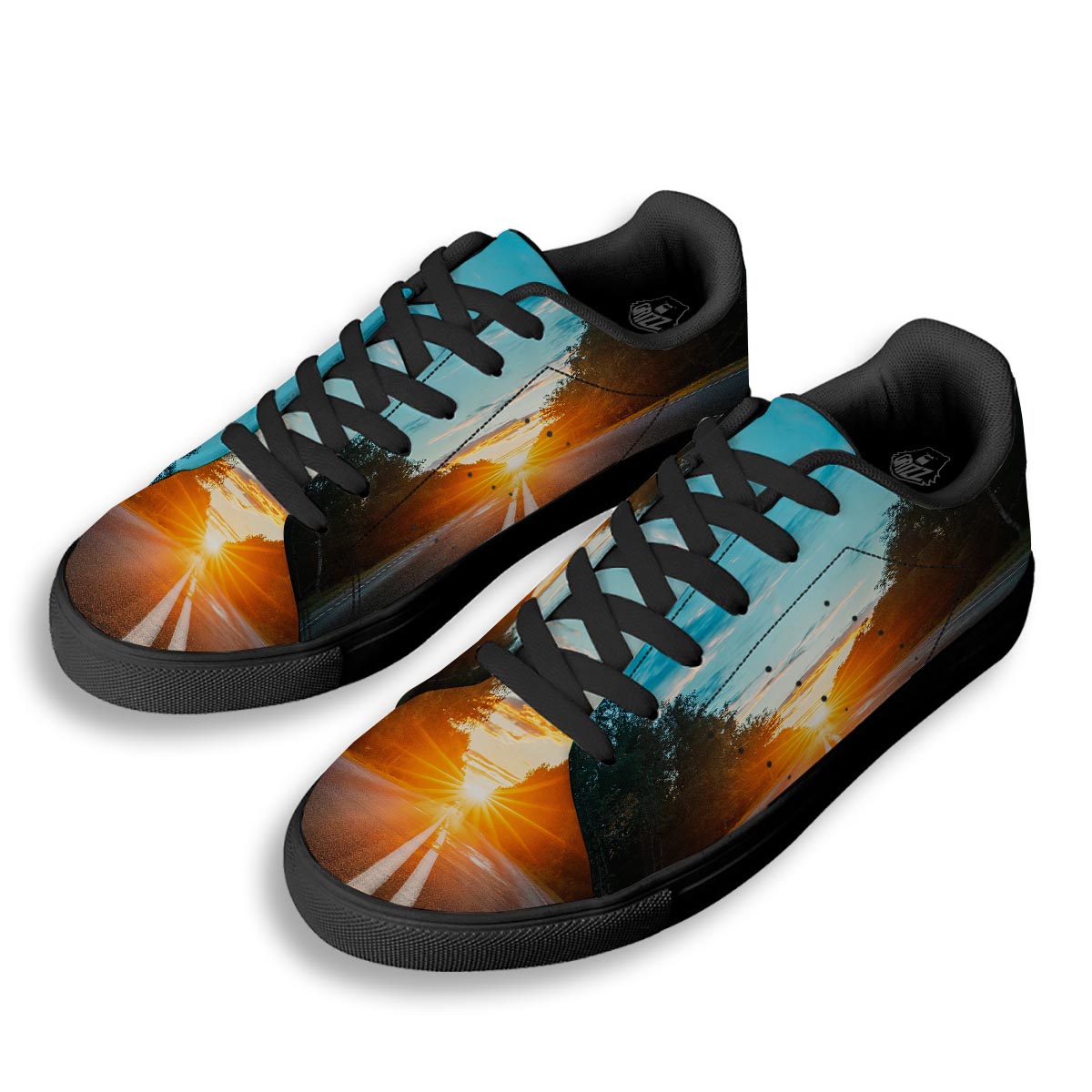Road Sunrise Print Black Low Top Sneakers-grizzshop