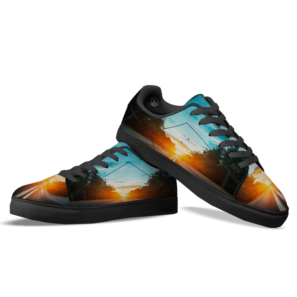 Road Sunrise Print Black Low Top Sneakers-grizzshop