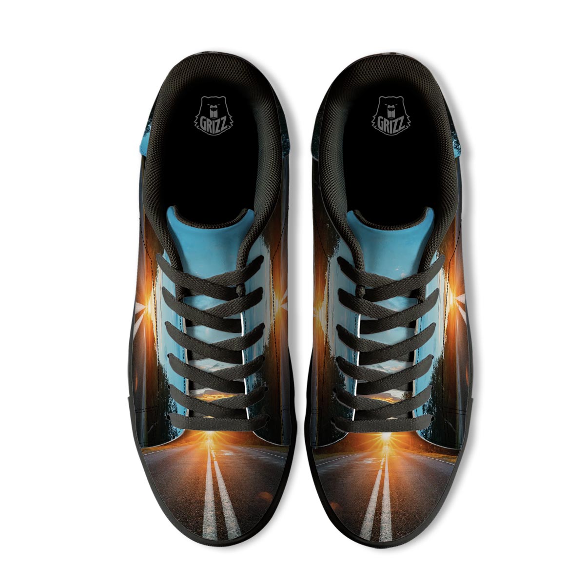 Road Sunrise Print Black Low Top Sneakers-grizzshop