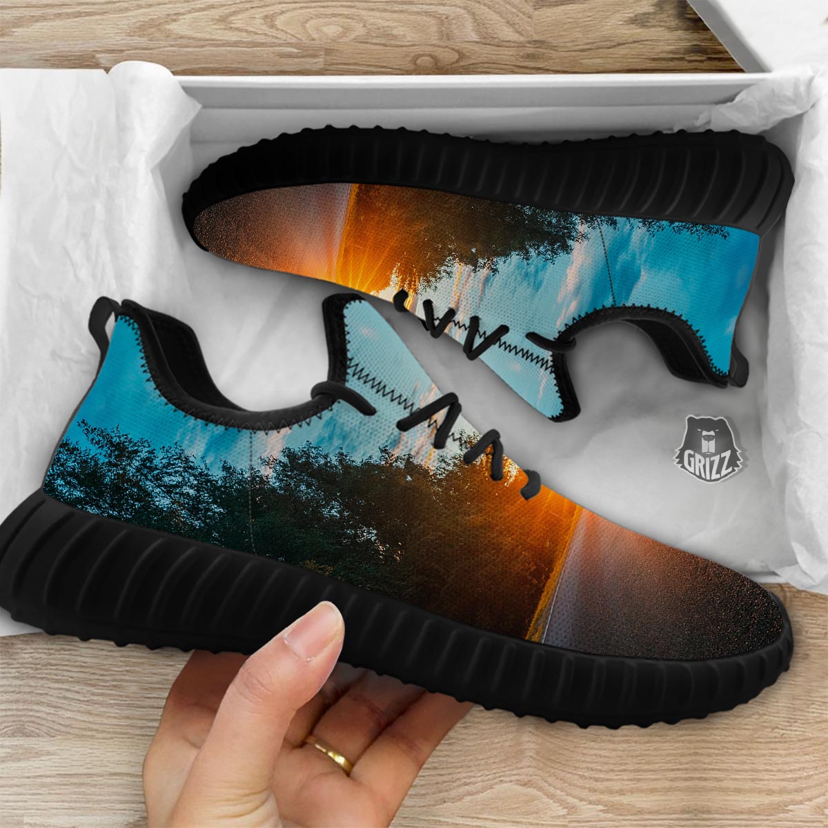 Road Sunrise Print Black Walking Shoes-grizzshop