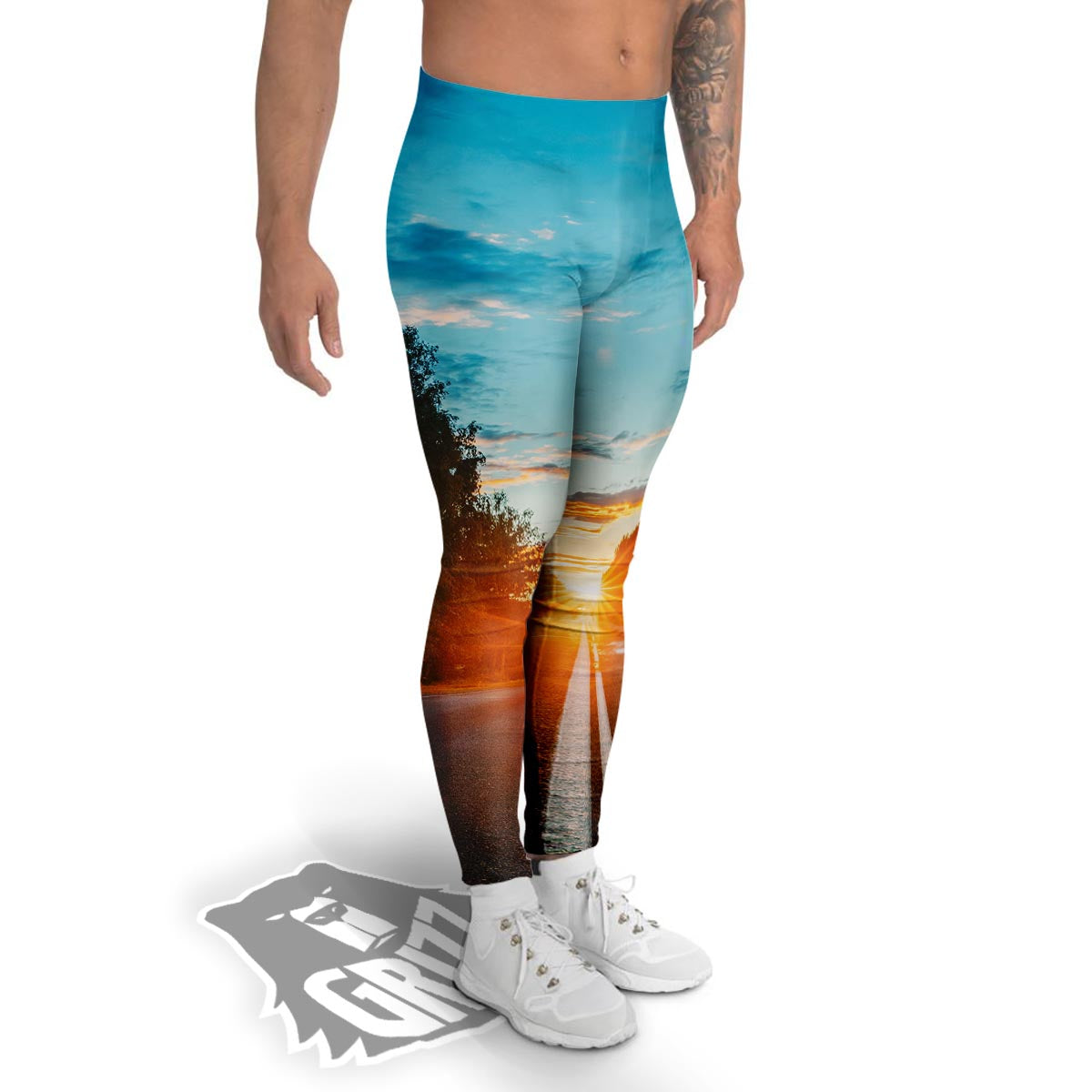 Road Sunrise Print Men's Leggings-grizzshop