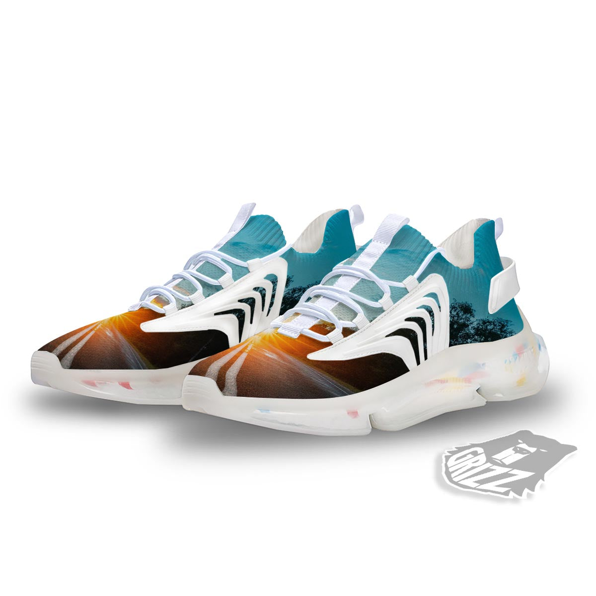 Road Sunrise Print White Gym Shoes-grizzshop