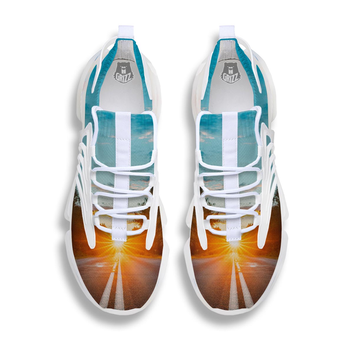 Road Sunrise Print White Gym Shoes-grizzshop