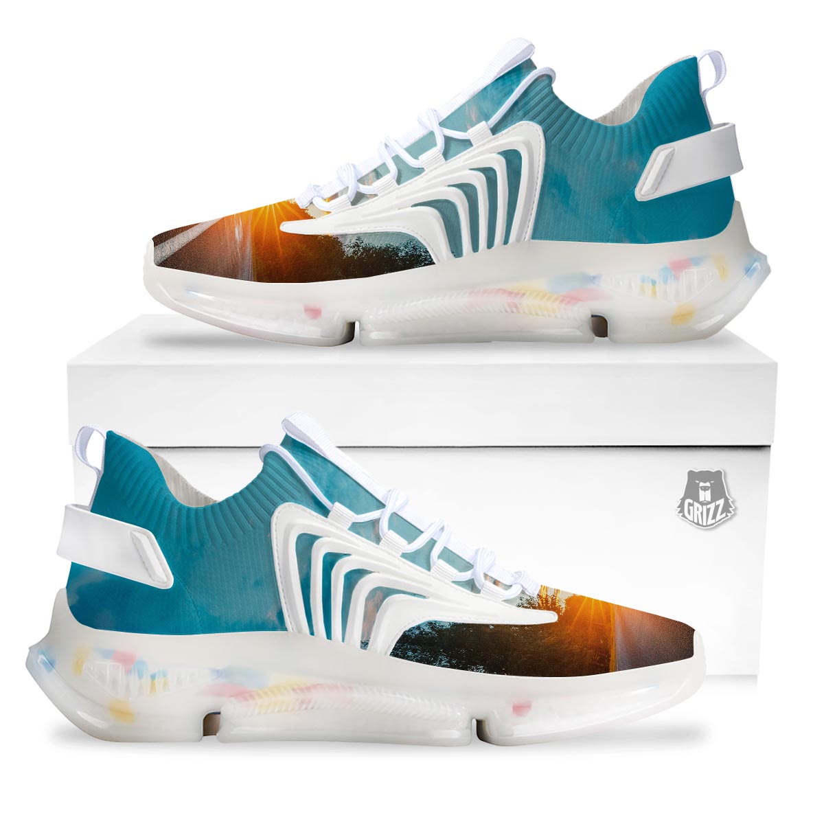 Road Sunrise Print White Gym Shoes-grizzshop