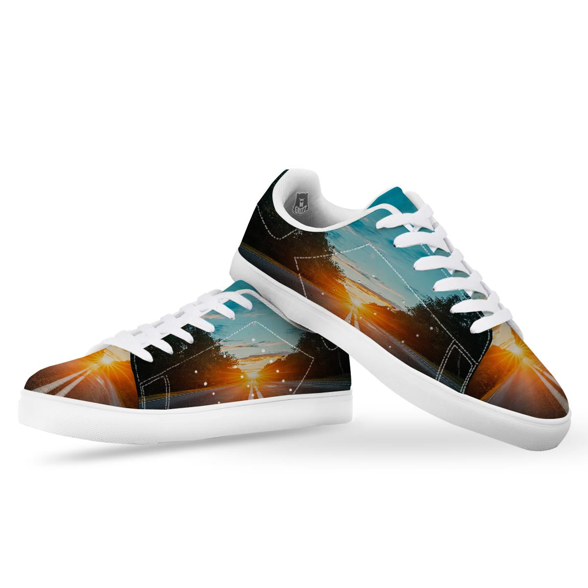 Road Sunrise Print White Low Top Sneakers-grizzshop