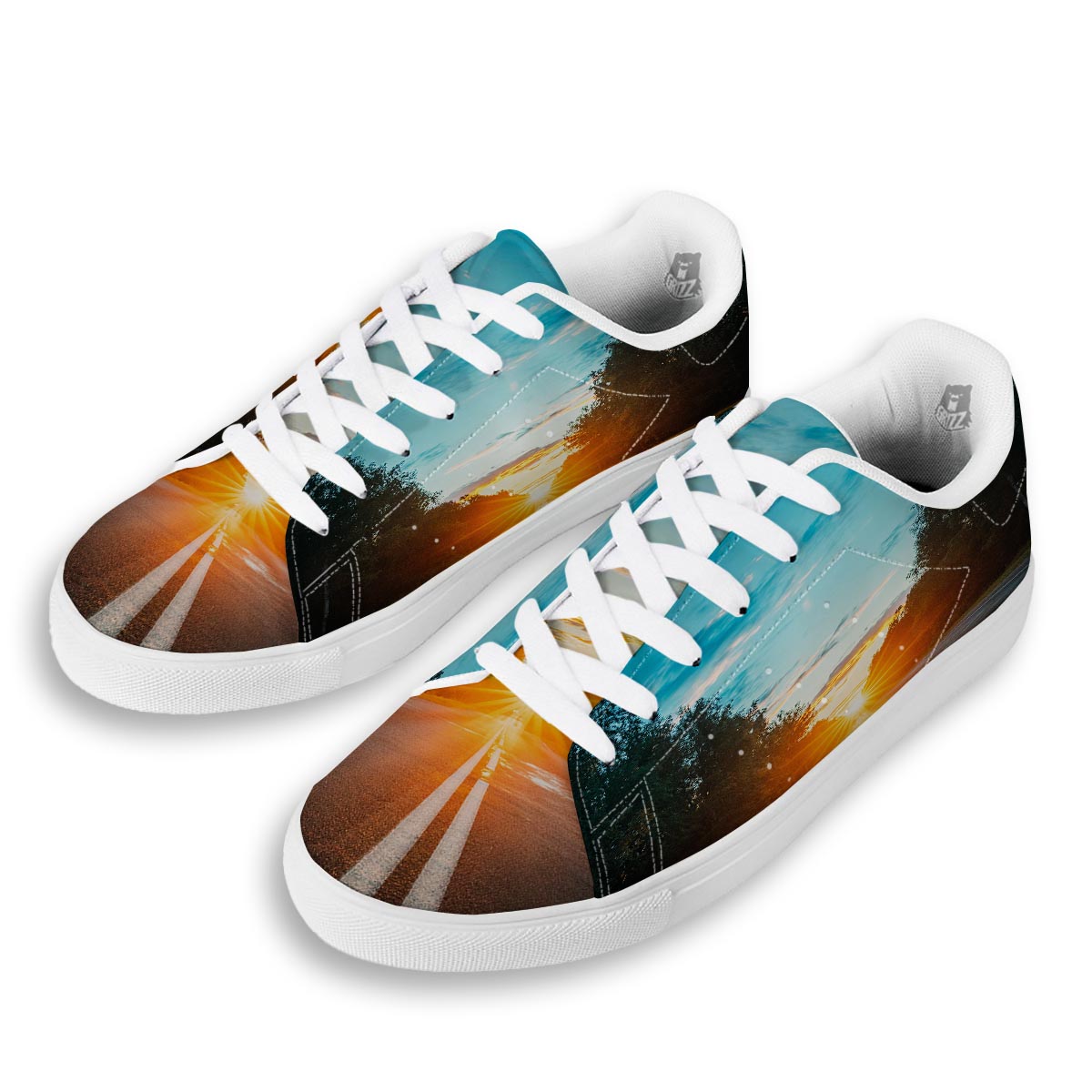 Road Sunrise Print White Low Top Sneakers-grizzshop