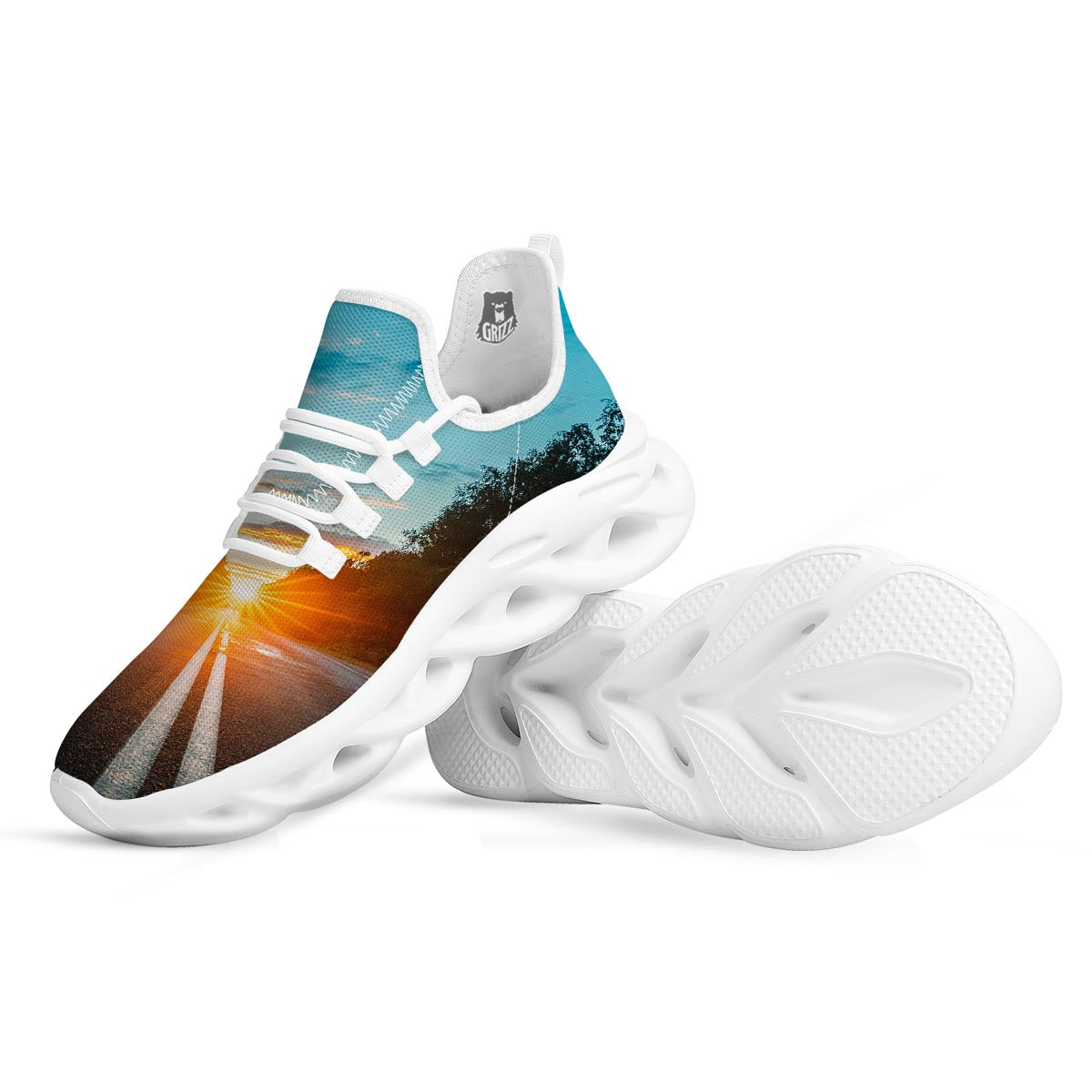 Road Sunrise Print White Running Shoes-grizzshop