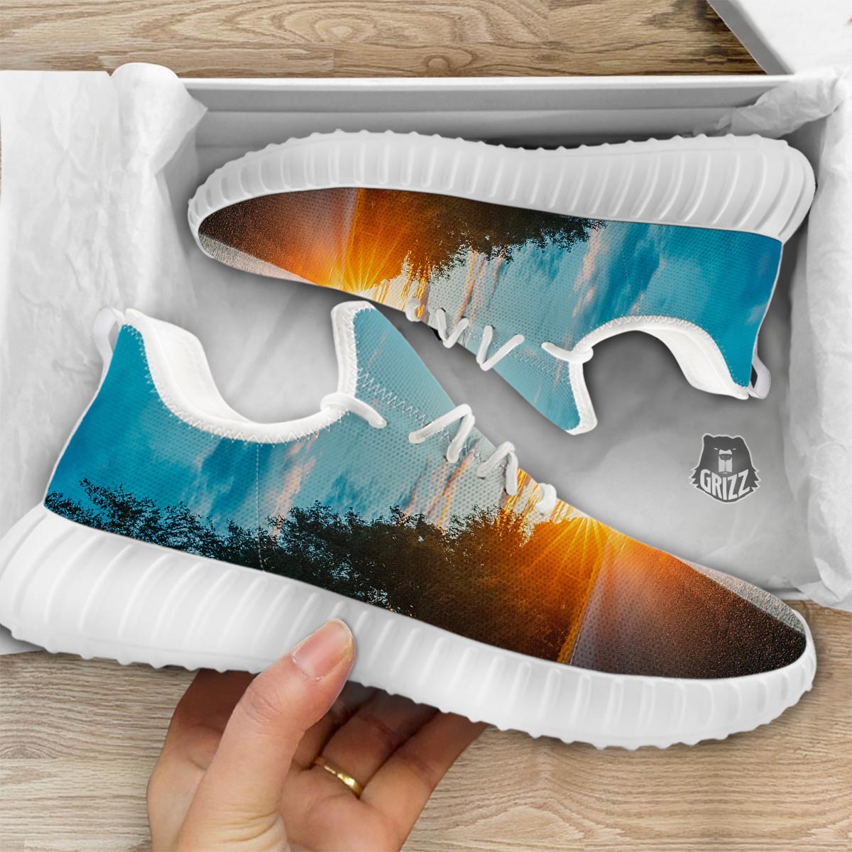 Road Sunrise Print White Walking Shoes-grizzshop