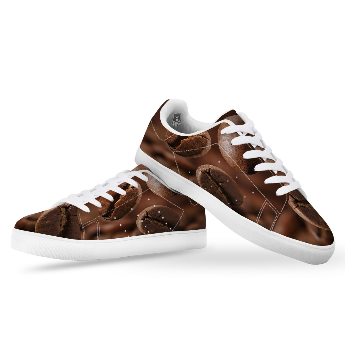 Roasted Coffee Bean Print White Low Top Sneakers-grizzshop