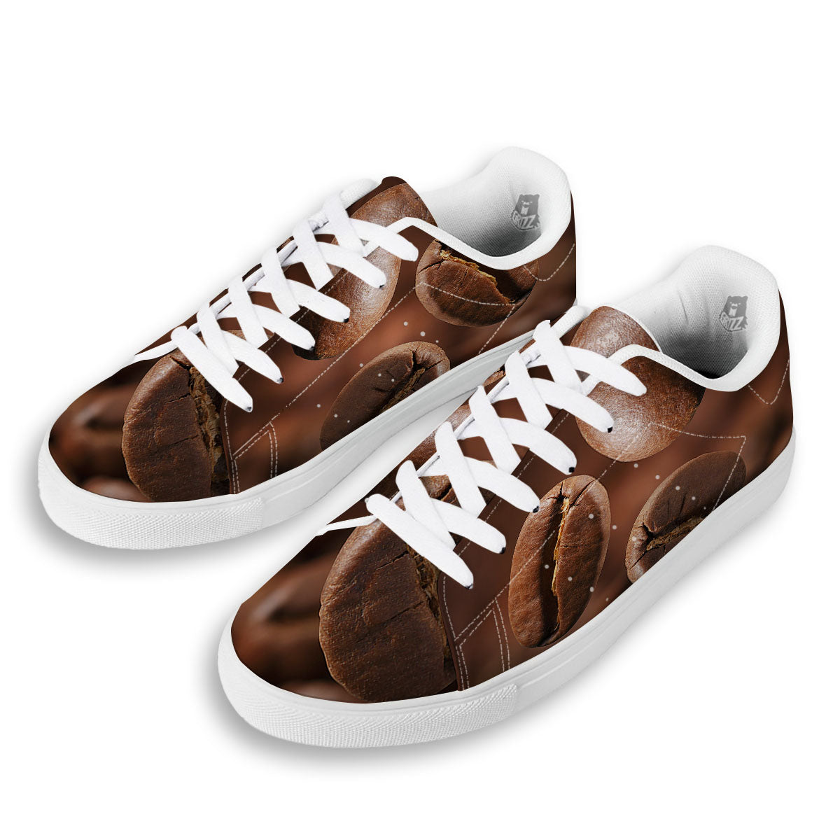 Roasted Coffee Bean Print White Low Top Sneakers-grizzshop