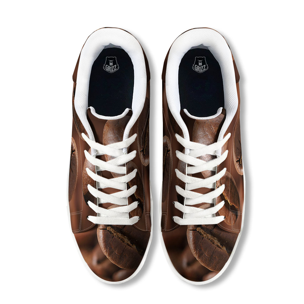 Roasted Coffee Bean Print White Low Top Sneakers-grizzshop